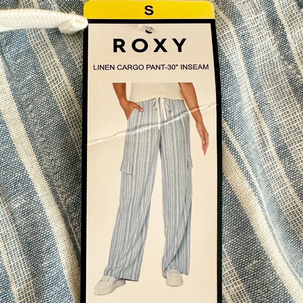Roxy Women's Linen Blend Cargo Pant Size S Blue Cottagecore Coastal Boho (NEW) - Picture 13 of 15